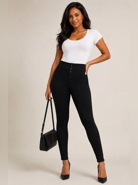Shosho Black Pull-On Ponte Knit Pants High Waist Button Detail Leggings